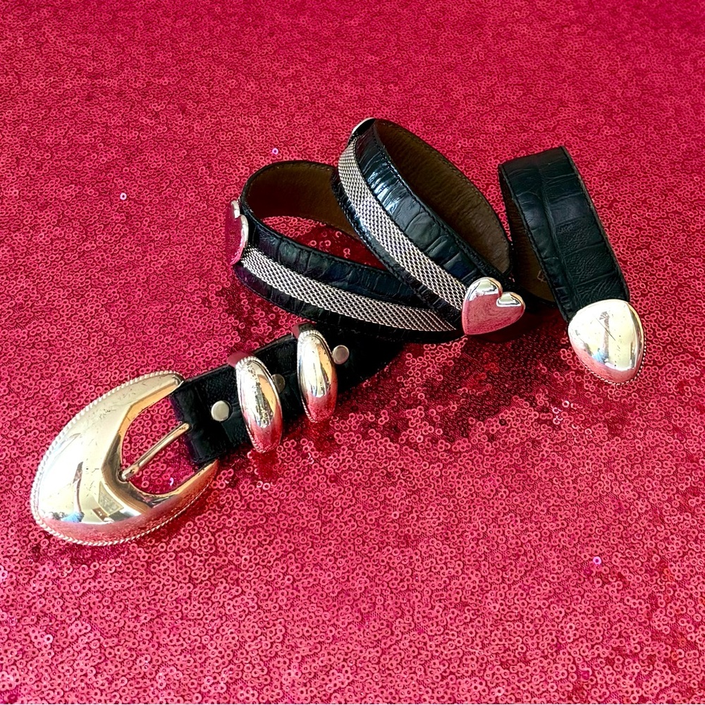 🩶VINTAGE Simon Black Genuine Leather Silver Heart Western Glam Belt